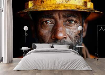 portrait of a weathered construction worker face etched with determination gritty realism captures duststreaked skin and the vivid yellow of a worn hard hat chiaroscuro lighting Wall mural