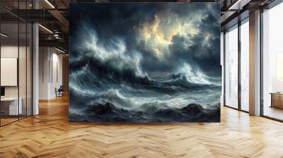 powerful seascape featuring enormous foamcrested waves crashing against jagged rocks with dark storm clouds looming overhead capturing natures raw and untamed beauty Wall mural