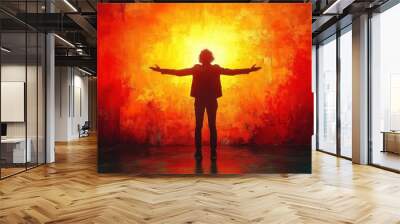 powerful silhouette of a person with raised hands against a radiant background conveying a sense of worship freedom and spiritual connection Wall mural