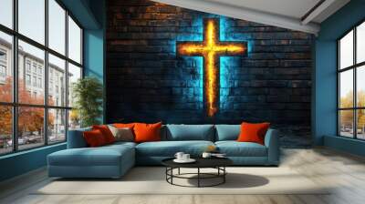 radiant neon cross electric blue glow dark shadowy background spiritual symbolism contemporary religious art Wall mural