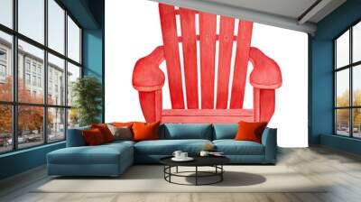 Red wooden outdoor lounge chair with armrests watercolour illustration. One single object, front view. Handdrawn water color sketchy painting on white, cutout clip art element for design decoration. Wall mural