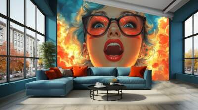 retro comicstyle illustration of excited woman in vintage cinema vibrant pop art colors Wall mural