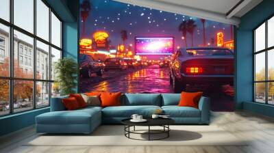 retro drivein theater with classic cars massive screen shows vibrant scifi film starry night sky and neon signs add nostalgic ambiance Wall mural