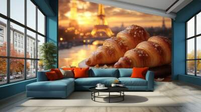 romantic parisian scene with goldenhued eiffel tower in the background freshly baked croissants in the foreground evoking the essence of french cuisine and culture Wall mural