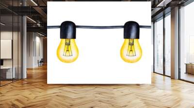 Seamless light string with golden burning bulbs and black electric cable. Hand drawn watercolour graphic illustration on white background, cutout clip art element for creative decoration and design. Wall mural