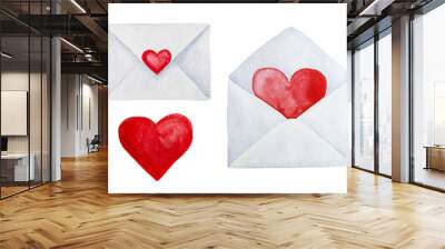 Set of two envelopes with hearts, opened one and closed, and stand alone red heart. Valentine's day, greeting card, invitation clip art. Hand drawn watercolour isolated illustration, white background. Wall mural