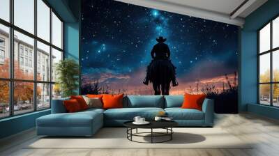 silhouette of a rugged cowboy astride his horse set against a starstudded night sky moonlit landscape hints at the wild frontier capturing the essence of the american west Wall mural