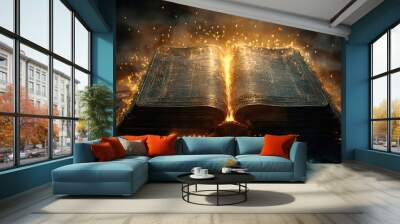 silhouette of an ornate bible against a radiant backdrop streams of golden light emanate from the book symbolizing divine guidance and spiritual illumination Wall mural