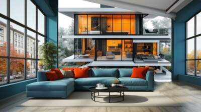 smart home cutaway illustration modern twostory house with visible iot devices wifi connections visualized futuristic yet cozy interior techintegrated living spaces Wall mural