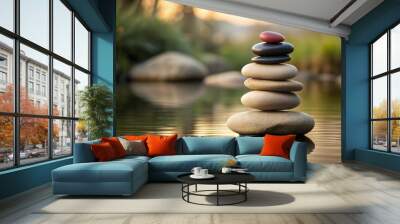 Stack of balancing stones in calm water for zen spa meditation Wall mural