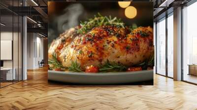 succulent roast chicken goldenbrown skin on white plate garnished with fresh herbs steam rising appetizing food photography Wall mural