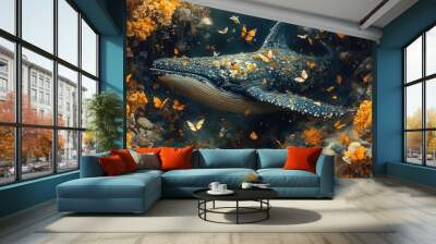 surreal collage of diverse ecosystems whale emerging from forest butterflies from coral reef vibrant colors seamless transitions digital art style emphasizing biodiversity Wall mural