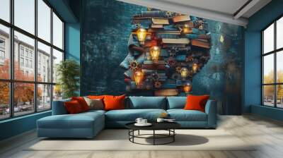 surreal digital collage of human head filled with floating books light bulbs and gears vibrant colors multiple exposure effect representing creativity and knowledge Wall mural