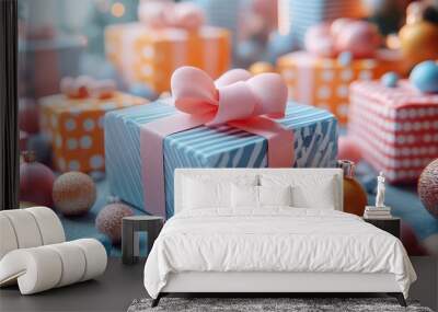 surreal gift unwrapping colorful boxes with impossible geometries ribbon defying gravity miniature worlds emerging dreamlike atmosphere Wall mural