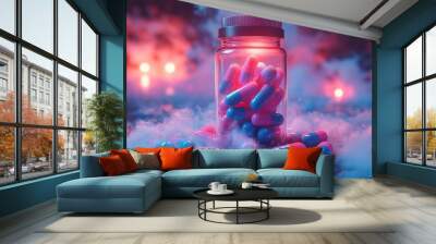 surreal pharmaceutical still life transparent pill bottle overflows with vibrant pink and blue capsules dreamlike quality soft focus background exploring themes of medicine and mental health Wall mural