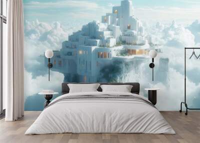 surrealist digital artwork depicting a pristine white minimalist city floating on a platform above a sea of fluffy clouds blending architecture with dreamlike elements Wall mural