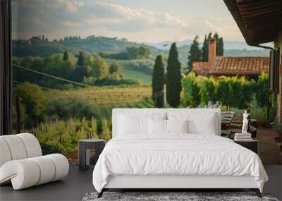 Tuscany landscape with vineyard. Vineyard Tour Tuscany, Travel & leisure magazine photo. Wall mural