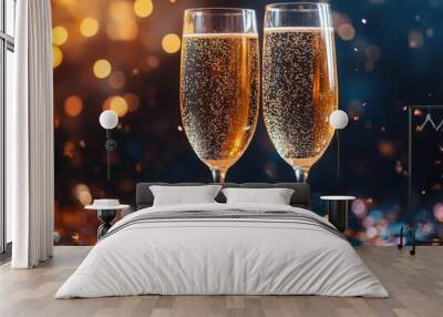 two sparkling champagne glasses adorned with colorful confetti and shimmering lights surrounded by a festive atmosphere reflecting joy and celebration in a night setting Wall mural