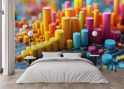 vibrant abstract 3d visualization of data represented as colorful bars and pie charts, illustrating growth and analysis trends in a captivating and dynamic manner Wall mural