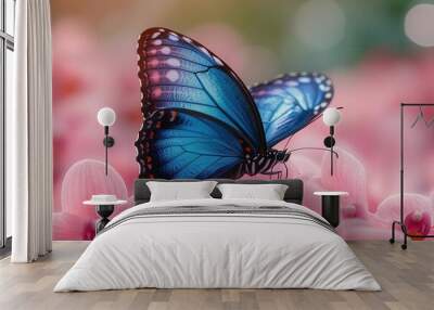 vibrant blue morpho butterfly perched on edge of pink orchid iridescent wings open extreme macro detail of scales and proboscis soft green bokeh background Wall mural