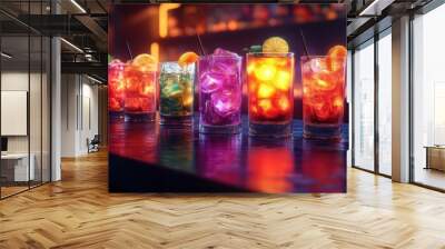 vibrant cocktail array on sleek bar counter colorful liquids in elegant glassware dramatic lighting reflective surfaces 3d rendered with hyperrealistic details Wall mural