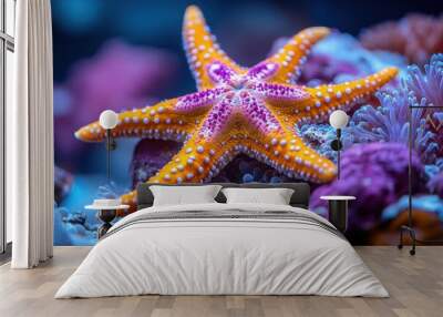 vibrant marine life exotic fromia seastar amid colorful coral reef iridescent hues pop against azure water underwater macro photography in aquarium setting Wall mural