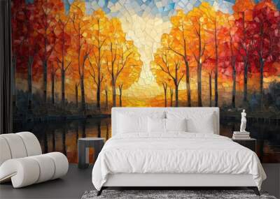 vibrant mosaic depicting autumn forest geometric glass fragments in warm hues 3d rendered digital art with yellow trees and sky abstract pattern radiating seasonal beauty Wall mural