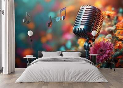 vibrant retro microphone blooming with exotic flowers musical notes floating psychedelic color palette Wall mural