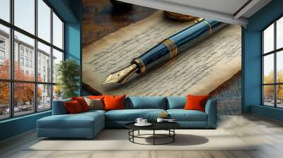 vintage fountain pen poised on aged parchment midstroke swirling calligraphy trails off the quill with sepiatoned inkwells and wax seals arranged artfully around the handwritten document Wall mural