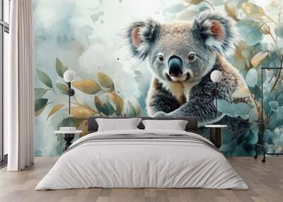 watercolor illustration of a cute koala lounging on a eucalyptus branch its fluffy fur blending with the soft shades of green and blue evoking a sense of tranquility and cuteness Wall mural