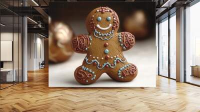 whimsical gingerbread man intricately decorated cookie figure rich brown tones colorful icing details isolated on clean background emphasizing festive charm and nostalgic holiday traditions Wall mural