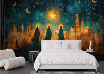 whimsical illustration of three wise men following the star of bethlehem rich jewel tones intricate patterns and a starry night sky create a magical storybook atmosphere Wall mural