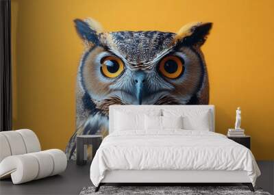 whimsical owl portrait vibrant yellow studio backdrop comically surprised expression ruffled feathers macro lens detail Wall mural