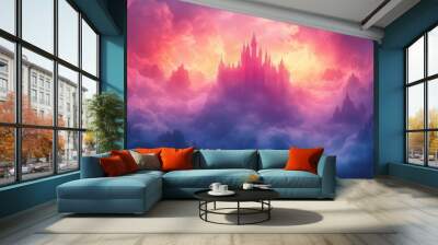 whimsical pastel castle floating among clouds fairy tale aesthetic dreamy watercolorstyle illustration Wall mural