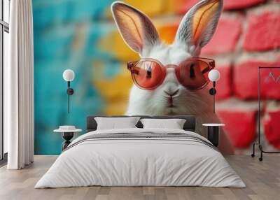 whimsical pop art portrait anthropomorphic white rabbit sporting avantgarde sunglasses against a vibrant abstract background embodying summer coolness and retro charm Wall mural