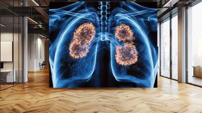 xray view of male lungs with highlighted cancerous growth detailed skeletal structure visible eerie blue glow emphasizing affected areas Wall mural