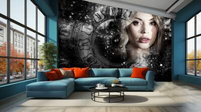  A woman waiting and at midnight, the universe of time Wall mural