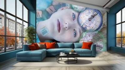 Young blue-eyed woman and time Wall mural