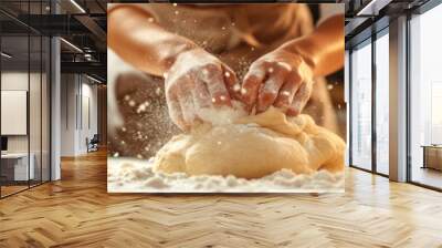 A baker kneads dough preparing it for baking fresh bread against blurred bakery background. Wall mural