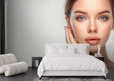 Beautiful young woman with fresh clean skin on white background with copy space. Face care, cosmetology, beauty treatment and spa concept.	 Wall mural