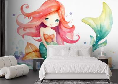 Cartoon character Mermaid, cute girl, illustration isolated on white background, watercolor style. Wall mural