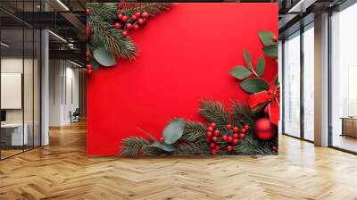 Christmas decorations with red ornaments, bows, and fir branches on a vibrant red background, perfect for holiday banners or greeting cards. Wall mural