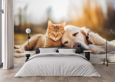 Cute ginger cat and dog sleeping outdoors. Generative AI.  Wall mural