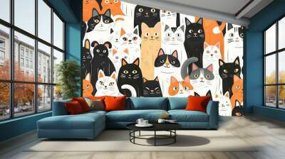 Cute illustration of a variety of colorful cats with different expressions in a seamless pattern. Wall mural