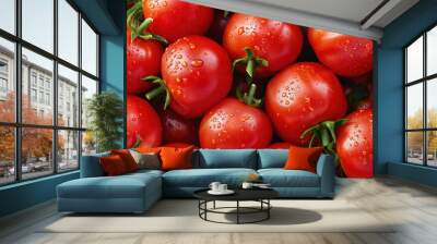 Food banner with fresh, ripe tomatoes with water droplets. Wall mural