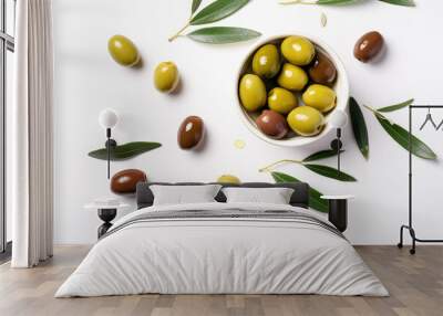 Fresh olives with olive oil on white background, top view. Generative AI. Wall mural