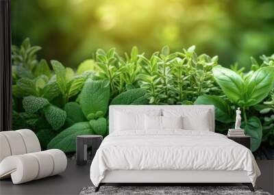 Green banner with different green organic herbs. Wall mural