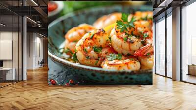 Grilled Shrimp with Lemon and Herbs. Grilled shrimp garnished with fresh parsley and red pepper flakes, served with lemon wedges on a dark plate. Wall mural