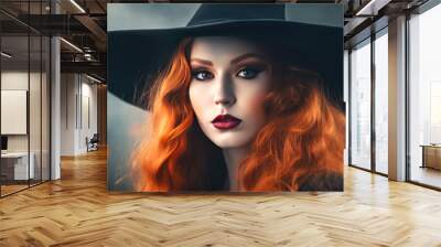 Halloween concept. Beautiful young woman in witches’ hat with long curly red hair against spooky dark magic forest background. Generative AI. Wall mural