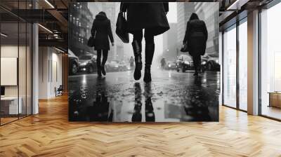 Monochrome city scene of women walking on a rainy street with reflections on wet pavement for an urban lifestyle concept. Wall mural